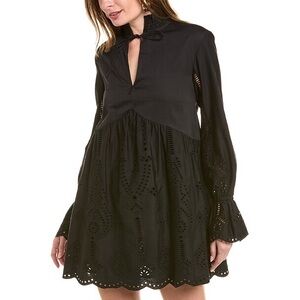 The Kooples Black Eyelet Long Sleeve Mini Dress w Tie Front Collar Size 1